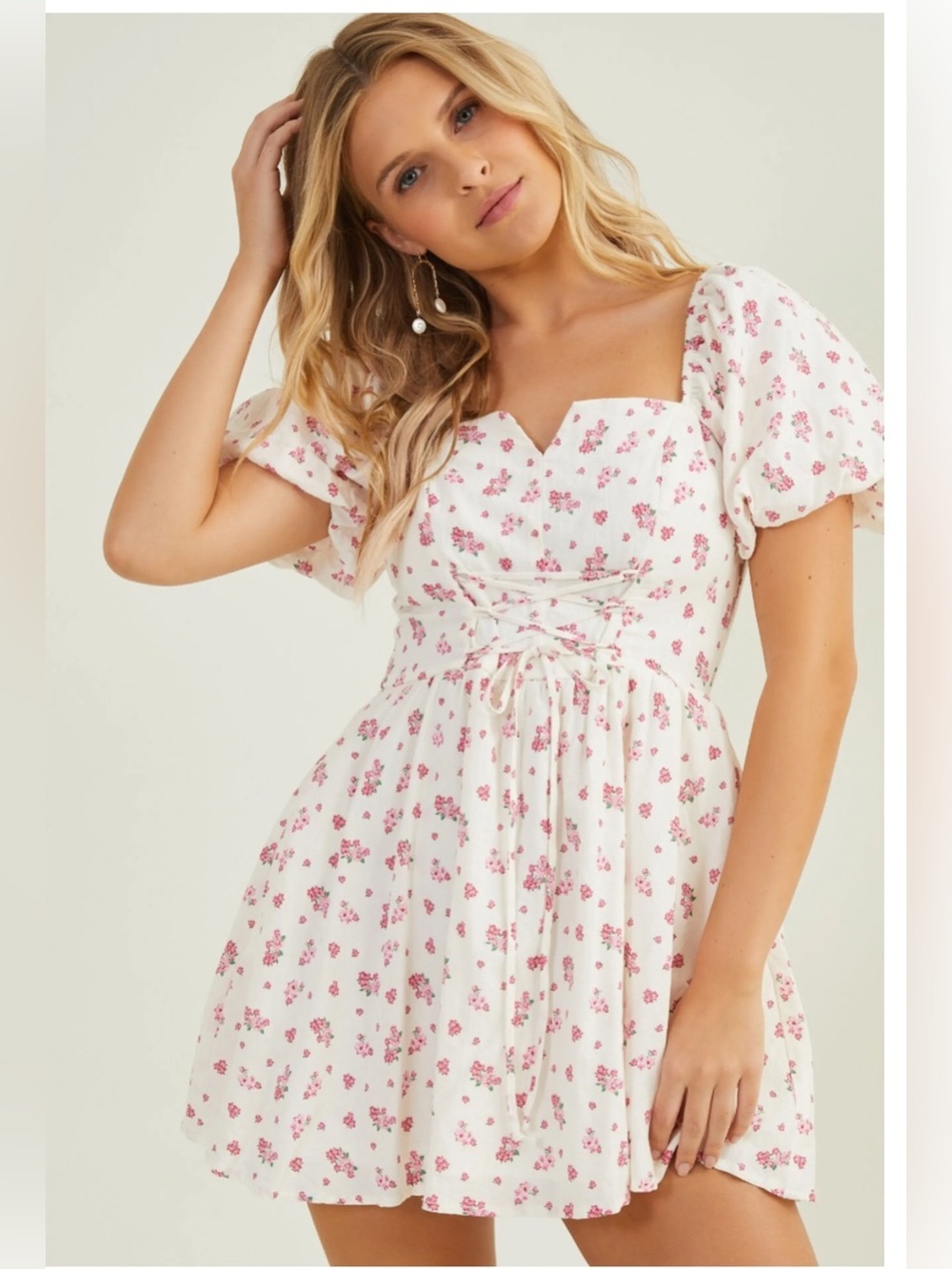 Altar’d State Floral Corset Mini Dress Size Small Cottagecore Puff Sleeve - Picture 8 of 8